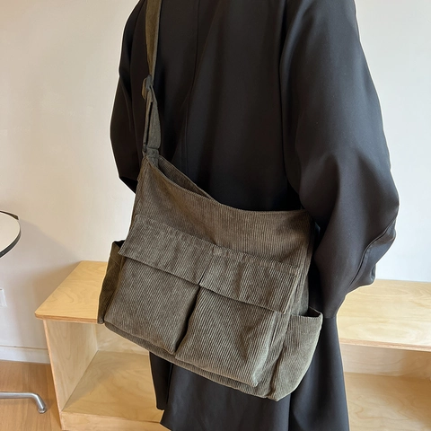 Bolso de Hombro de Pana Vintage Gran Capacidad Multi Bolsillo Messenger Bag para Mujer Retro Casual Urbano Simple Trabajo Escuela