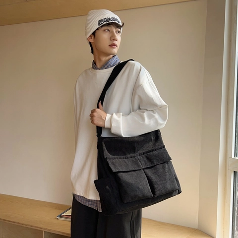 Bolso de Hombro de Pana Vintage Gran Capacidad Multi Bolsillo Messenger Bag para Mujer Retro Casual Urbano Simple Trabajo Escuela