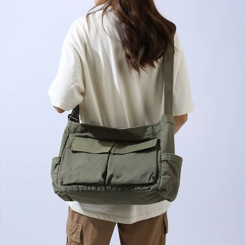 Large Capacity Canvas Messenger Bag For Women Retro Workwear Multi Pocket Shoulder Bag Travel Tote Crossbody All Match Casual Bag