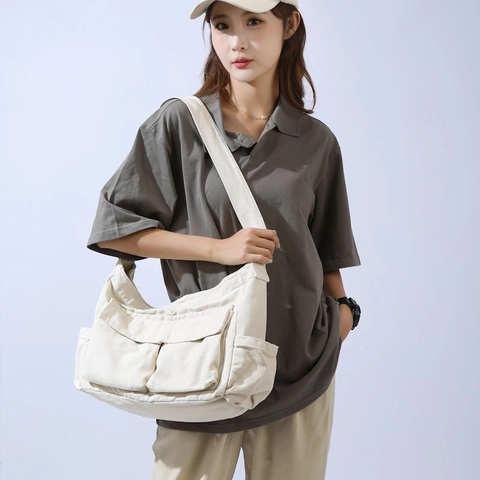 Large Capacity Canvas Messenger Bag For Women Retro Workwear Multi Pocket Shoulder Bag Travel Tote Crossbody All Match Casual Bag