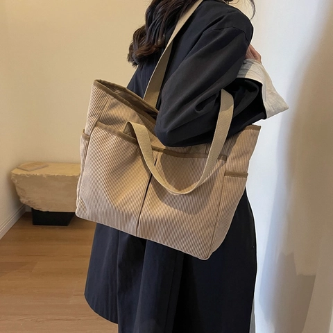 Women Corduroy Tote Bag Large Capacity Multi-pocket Shoulder Bag Vintage Urban Minimalist Hobo Handbag For Daily School Work