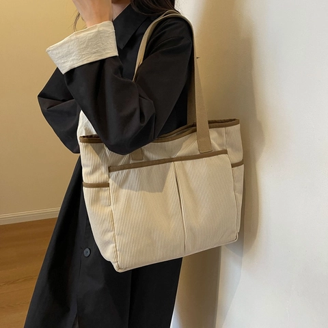 Women Corduroy Tote Bag Large Capacity Multi-pocket Shoulder Bag Vintage Urban Minimalist Hobo Handbag For Daily School Work