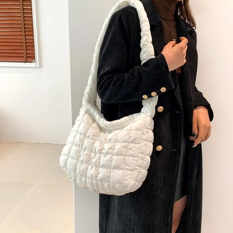 Trendy Dames Gewatteerde Katoenen Puffer Schoudertas Met Wolkontwerp Casual Halve Cirkel Grote Capaciteit Crossbody Tas Winter Mode Tas