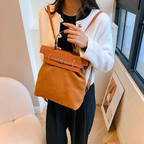 Damen Minimalistisch PU Leder Künstliches Wildleder Rucksack Handtasche Vintage Kontrastfarbe Nische Umhängetasche Für Den Täglichen Weg Top Handle Bag