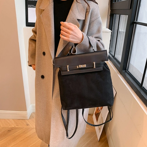 Damen Minimalistisch PU Leder Künstliches Wildleder Rucksack Handtasche Vintage Kontrastfarbe Nische Umhängetasche Für Den Täglichen Weg Top Handle Bag