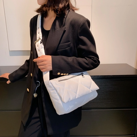 Damen Gesteppt Baumwolle Puffer Schultertasche Rautenmuster Breiter Gurt Umhängetasche Urban Minimalistisch Casual Leichte Tasche