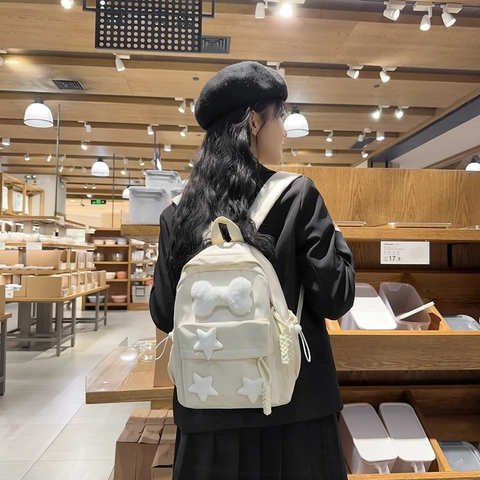 Süßer Nylon Rucksack Mit Plüsch Schleife Und Sternen Dekor Für Damen Schule Reisen Große Kapazität Umhängetasche