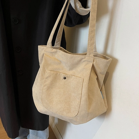 Borsa a Spalla in Velluto a Coste Donna Grande Capacità Retro Casual Borsa a Mano Con Tasca Frontale Bottone in Metallo Quotidiana