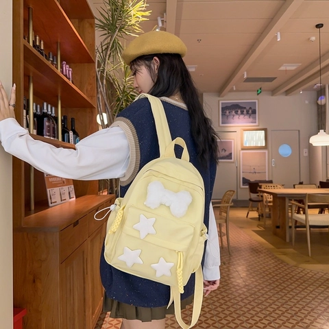 Süßer Nylon Rucksack Mit Plüsch Schleife Und Sternen Dekor Für Damen Schule Reisen Große Kapazität Umhängetasche