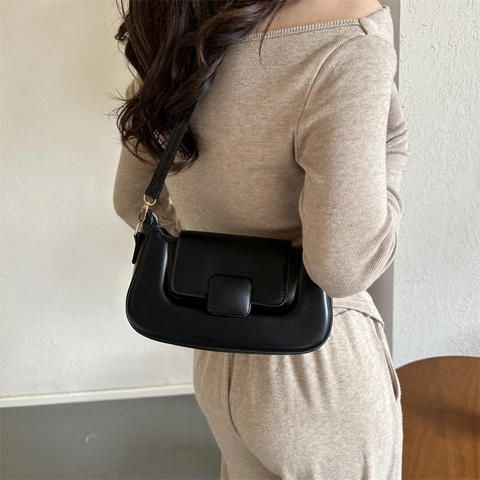 Women Minimalist PU Leather Shoulder Bag Fashion Niche Design Square Buckle Flap Crossbody Bag Solid Color Urban Style Handbag