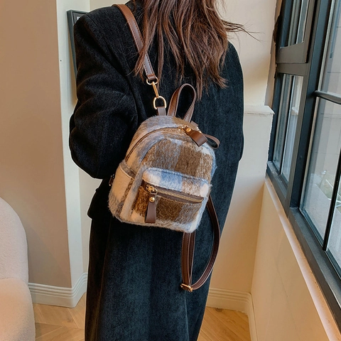 Women Winter Plaid Woolen Mini Backpack Fashion Plaid Crossbody Bag Elegant Niche Design Single Shoulder Small Square Bag
