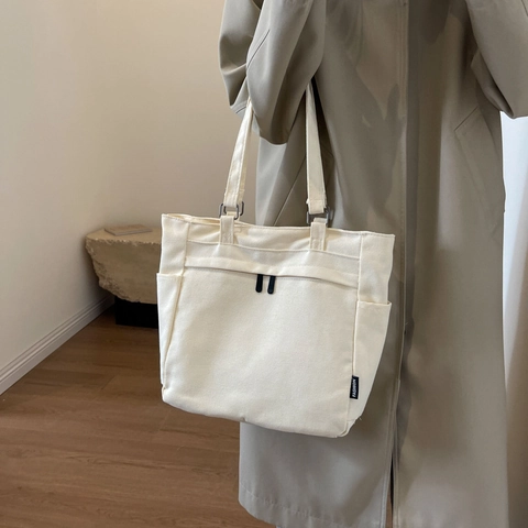 Sac Fourre-tout en Toile de Grande Capacité pour Femmes Minimaliste Multi-poches Sac à Épaule Urbain Décontracté Travail Zip Top