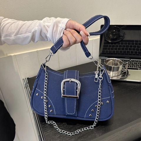 Vintage Damen Nylon Achseltasche Y2K Punk Schultertasche Mit Metallschnalle Nieten Kette Deko Retro Street Baguette Tasche