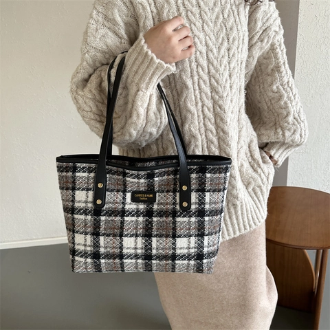 Borsa Tote Vintage in Lana a Quadri Per Donna Grande Capacità Borsa a Spalla in Tweed Autunno Inverno Casual Moda