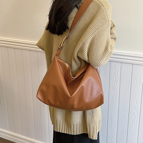 Minimalist Large Capacity PU Leather Hobo Shoulder Bag For Women Solid Color Litchi Grain Crossbody Bag Casual Tote Handbag