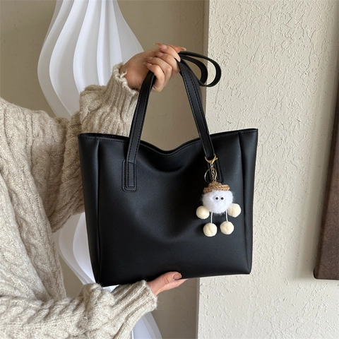 Women's Minimalist Large Capacity PU Leather Tote Bag With Plush Pendant Solid Color Shoulder Bag For Daily Commute Work
