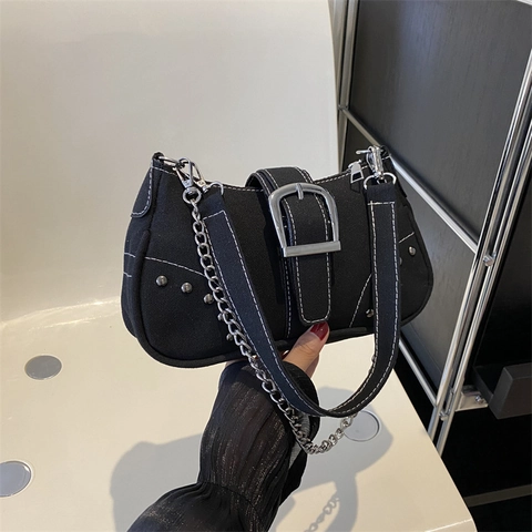 Bolso de Axila de Lona Retro para Mujer Bolso de Hombro de Estilo Coreano Con Cadena Remache Hebilla de Metal Grande Costuras en Contraste