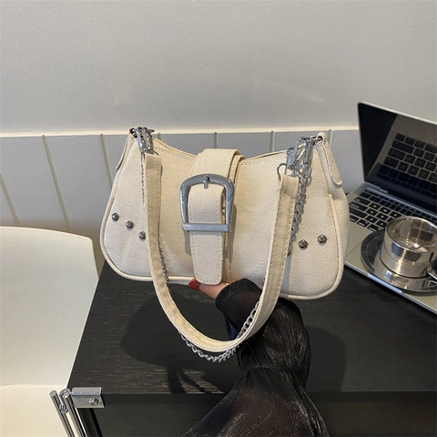 Bolso de Axila de Lona Retro para Mujer Bolso de Hombro de Estilo Coreano Con Cadena Remache Hebilla de Metal Grande Costuras en Contraste
