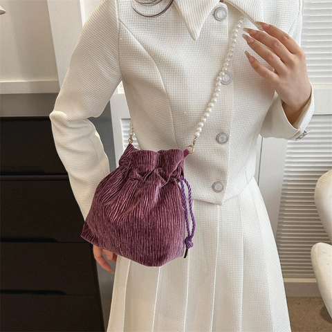 Trendige Damen Cord Beuteltasche Elegante Künstliche Perle Riemen Einfache Kordelzug Schulter Umhängetasche Für Den Täglichen Gebrauch