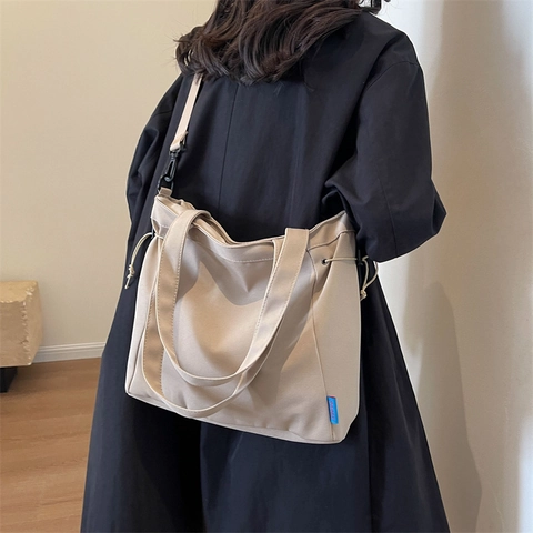 Minimalist Canvas Drawstring Tote Bag For Women Large Capacity Shoulder Bag With Adjustable Strap Solid Color Crossbody Handbag