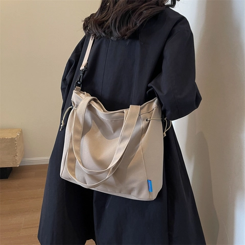 Minimalist Canvas Drawstring Tote Bag For Women Large Capacity Shoulder Bag With Adjustable Strap Solid Color Crossbody Handbag