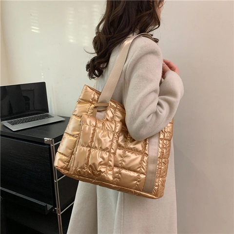 Borsa Tote Trapuntata Metallica Donna Leggera in Tessuto Oxford Borsa a Tracolla Grande Capacità Borsa Puffer Con Portamonete