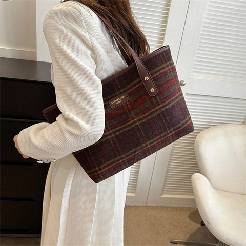 Borsa Tote Vintage in Lana a Quadri Per Donna Grande Capacità Borsa a Spalla in Tweed Autunno Inverno Casual Moda