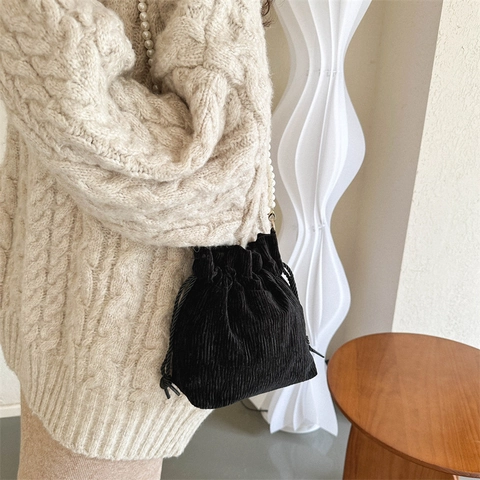 Trendige Damen Cord Beuteltasche Elegante Künstliche Perle Riemen Einfache Kordelzug Schulter Umhängetasche Für Den Täglichen Gebrauch