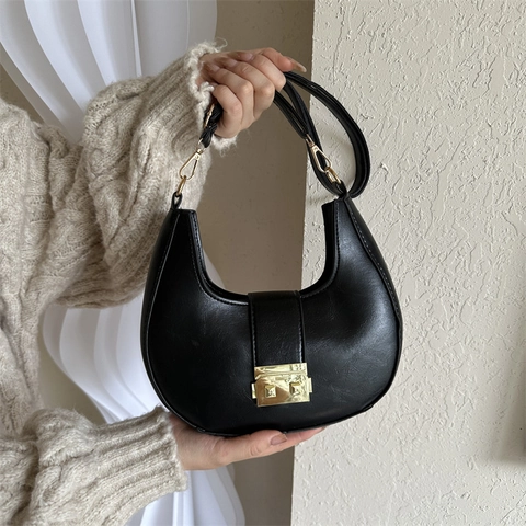 Minimalistische PU-Leder Halbmond Hobo Umhängetasche Für Damen Hochwertiges Nischendesign Kleine Umhängetasche Mit Metallschnalle Alltag Handtasche