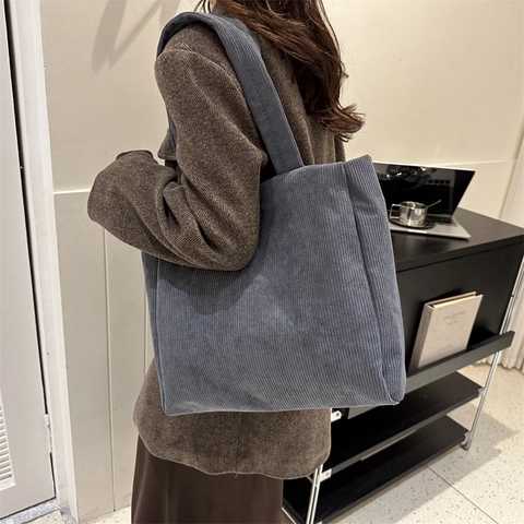Minimalist Corduroy Tote Bag For Women Large Capacity Solid Color Shoulder Bag Retro Casual Commuting Handbag Black Gray Brown