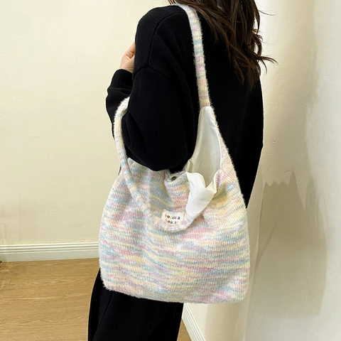 Urban Minimalist Women Knitted Plush Tote Bag Large Capacity Mixed Color Rainbow Shoulder Bag Fashion Casual Handbag