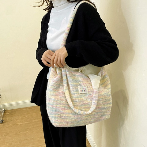 Urban Minimalist Women Knitted Plush Tote Bag Large Capacity Mixed Color Rainbow Shoulder Bag Fashion Casual Handbag