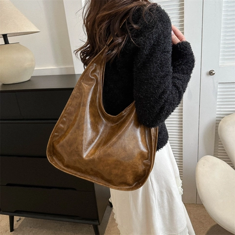 Bolso Hobo de Cuero PU Retro para Mujer Gran Capacidad Bolso de Hombro Minimalista Urbano Color Sólido Bolso Bandolera