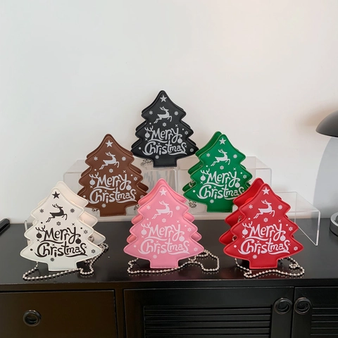 Sac Bandoulière Femme en Forme de Sapin de Noël Imprimé Merry Christmas Mini Sac en PU Chaîne à Billes Argent Accessoire Fête