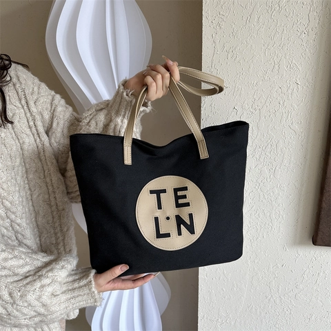 Damen Canvas Tragetasche Mit Großer Kapazität Niche Design Minimalistische Umhängetasche Kontrastfarbe Leder Patch Handtasche