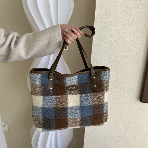 Dames Retro Geruite Wollen Tote Bag Grote Capaciteit Handtas Met Synthetisch Leren Handvatten Vintage Ruit Schoudertas Voor Dagelijks