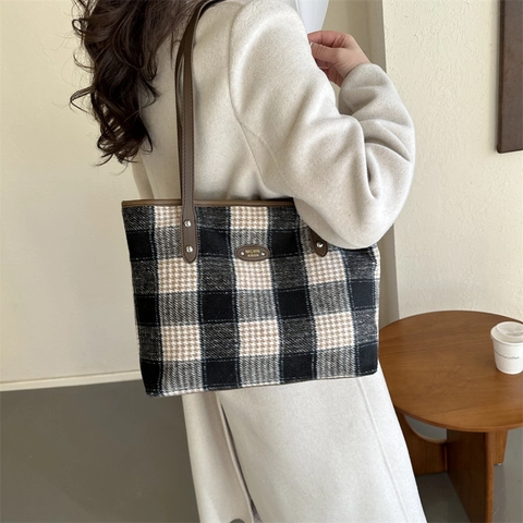 Dames Retro Geruite Wollen Tote Bag Grote Capaciteit Handtas Met Synthetisch Leren Handvatten Vintage Ruit Schoudertas Voor Dagelijks