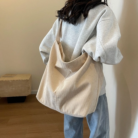 Women Large Capacity Corduroy Shoulder Bag Retro Minimalist Tote Bag Adjustable Strap Casual Handbag Daily Travel Bag