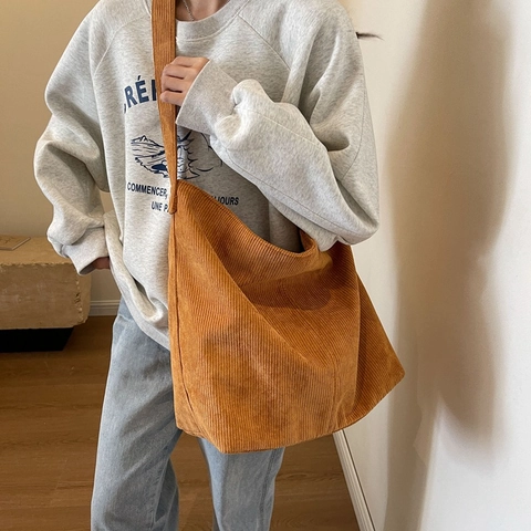 Women Large Capacity Corduroy Shoulder Bag Retro Minimalist Tote Bag Adjustable Strap Casual Handbag Daily Travel Bag