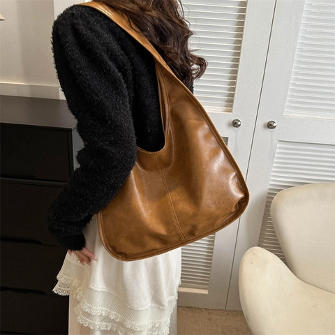 Bolso Hobo de Cuero PU Retro para Mujer Gran Capacidad Bolso de Hombro Minimalista Urbano Color Sólido Bolso Bandolera
