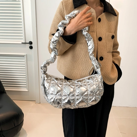 Women Quilted Puffer Shoulder Bag Cotton Diamond Lattice Hobo Bag With Scrunchie Strap Casual Solid Color Crossbody Handbag