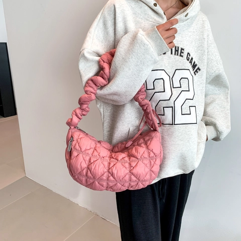 Women Quilted Puffer Shoulder Bag Cotton Diamond Lattice Hobo Bag With Scrunchie Strap Casual Solid Color Crossbody Handbag