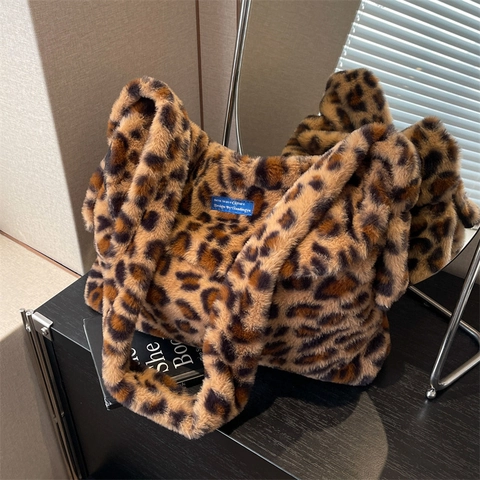 Borsa Tote da Donna in Pelliccia Sintetica con Stampa Animalier Leopardo Zebra Mucca Borsa a Spalla Capiente alla Moda Invernale