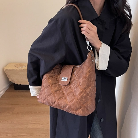 Borsa Hobo Trapuntata da Donna in Pelle PU con Motivo a Rombi Borsa a Tracolla Grande Capacità con Chiusura a Girello in Metallo