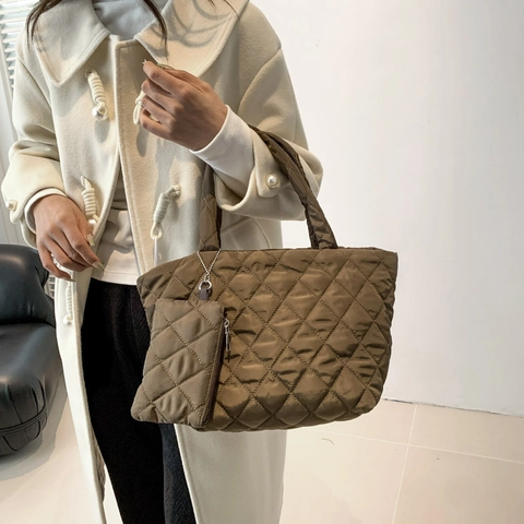 Borsa Tote in Cotone Trapuntato a Rombi di Alta Qualità Donna Borsa a Mano Urbana Semplice Con Piccola Pochette Per Inverno