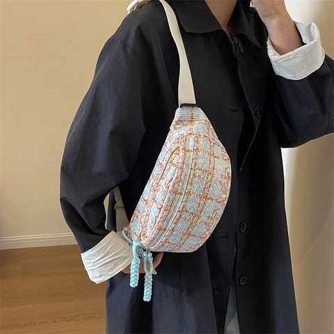 Bolso de Pecho de Tweed a Cuadros para Mujer Riñonera Bolso de Hombro Cruzado Con Correa Ajustable Bolso de Patrón de Rejilla Casual de Moda