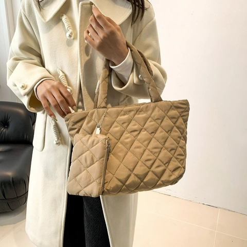 Borsa Tote in Cotone Trapuntato a Rombi di Alta Qualità Donna Borsa a Mano Urbana Semplice Con Piccola Pochette Per Inverno