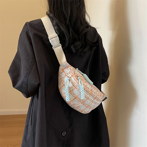 Bolso de Pecho de Tweed a Cuadros para Mujer Riñonera Bolso de Hombro Cruzado Con Correa Ajustable Bolso de Patrón de Rejilla Casual de Moda