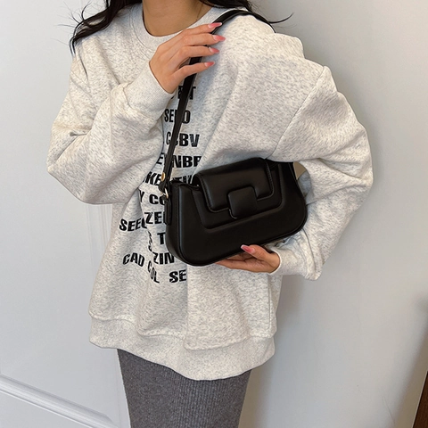 Bolso de Hombro para Mujer de Cuero PU Minimalista Urbano Color Sólido Bolso de Axila Con Correa Ancha Geométrica Hebilla Cuadrada