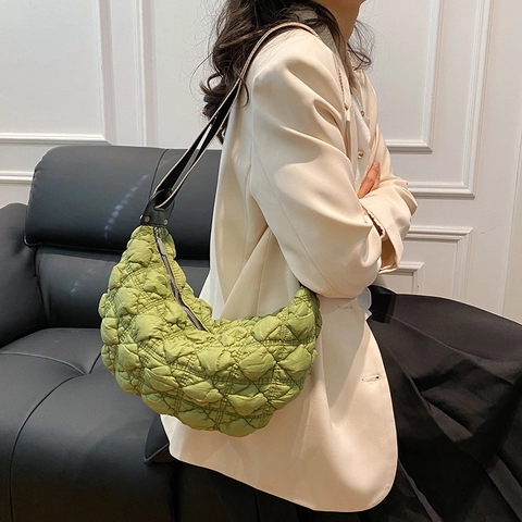 Women Nylon Quilted Puffy Crescent Shoulder Bag Minimalist Solid Color Large Capacity Lightweight Cloud Hobo Bag Daily Handbag